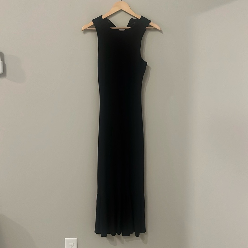 Twenty Montreal Black Cocktail Dress with open back and ruffled bottom